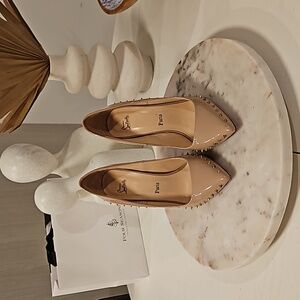 Christian Louboutin Spiked Studded Heels, 7.5, Beige